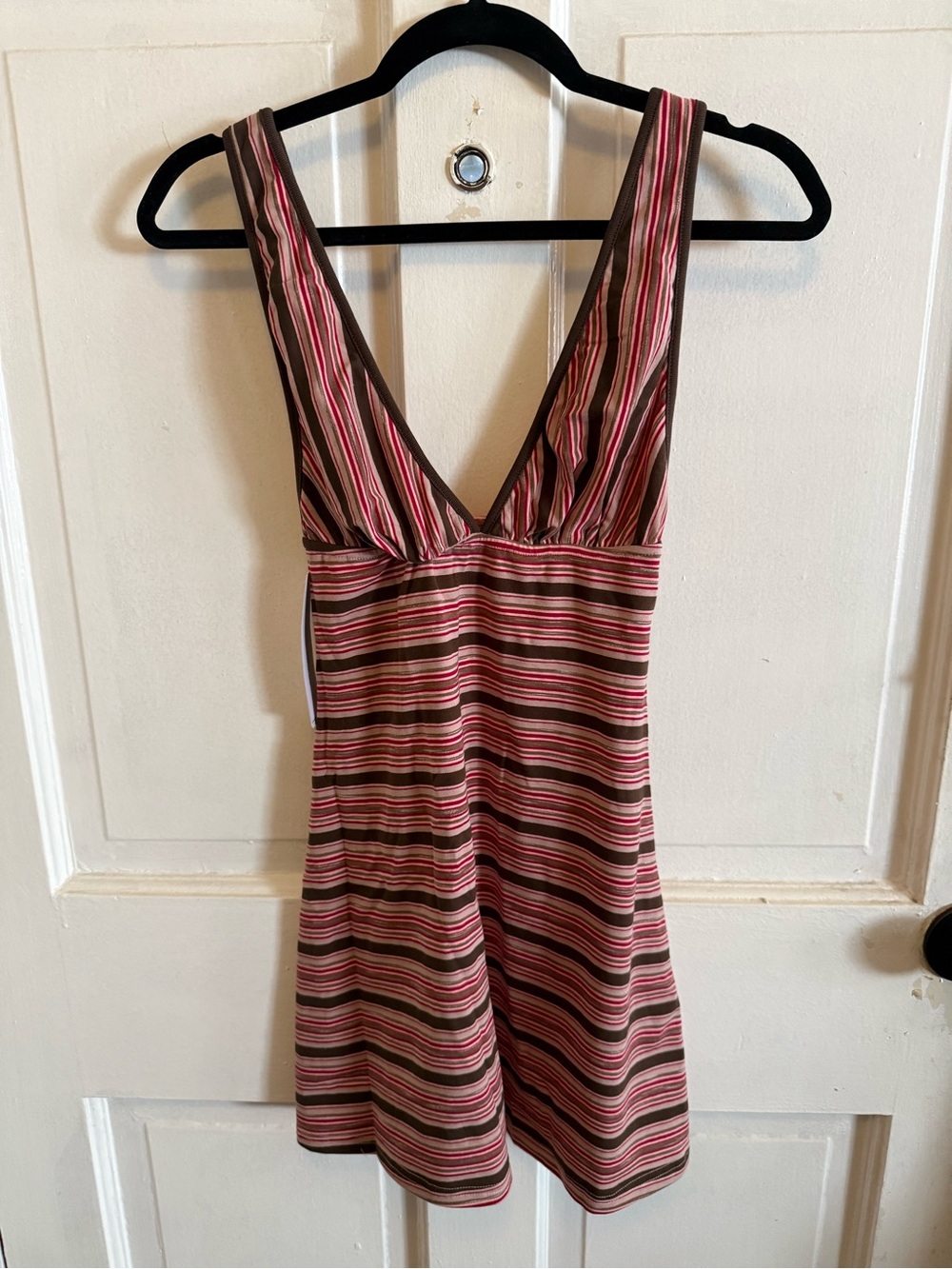 Princess Polly Alyza V Neck Mini Dress Brown / Red Stripe New with Tags
